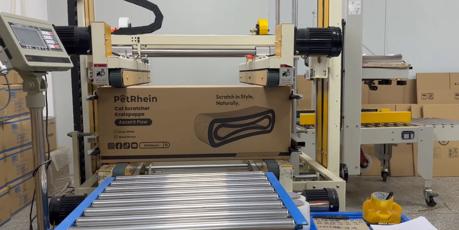 Packaged cardboard cat scratcher ready for review