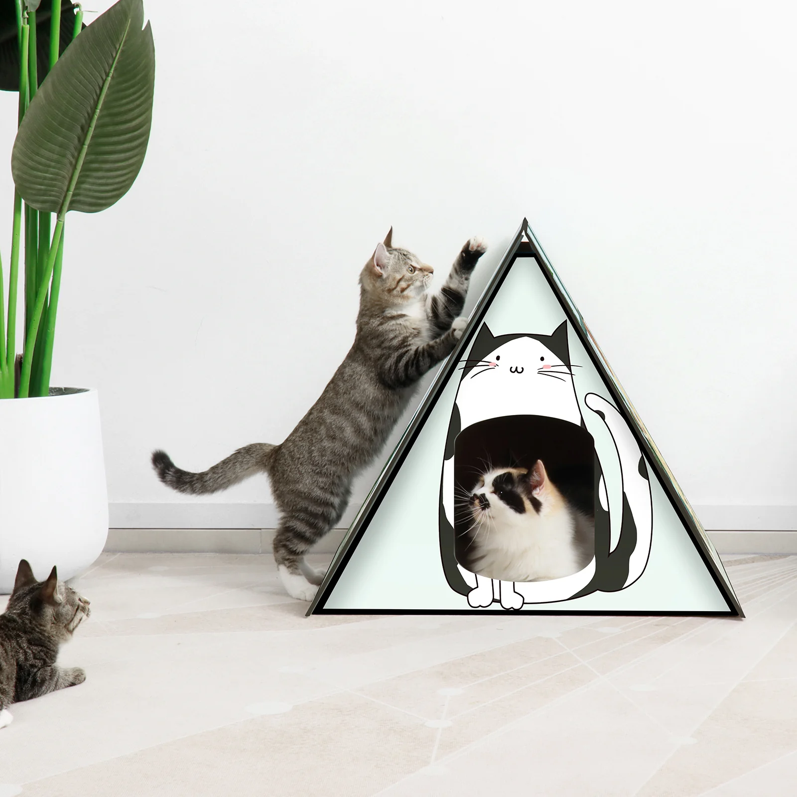 KH15 Foldable Triangular Corrugated Cardboard Cat Tent with Multi-Opening Play Space