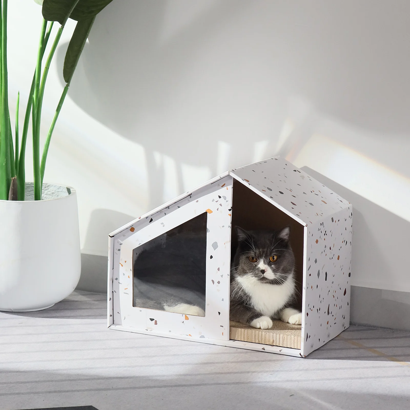 KH16 Foldable Corrugated Cardboard Cat House with Transparent Interactive Window