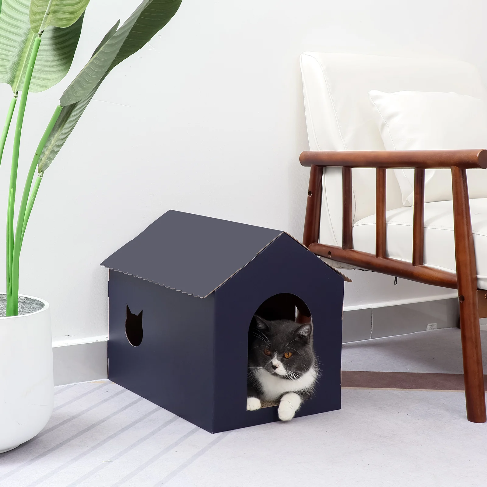 KH17 Foldable House-Shaped Corrugated Cardboard Cat House with Large Interior Space