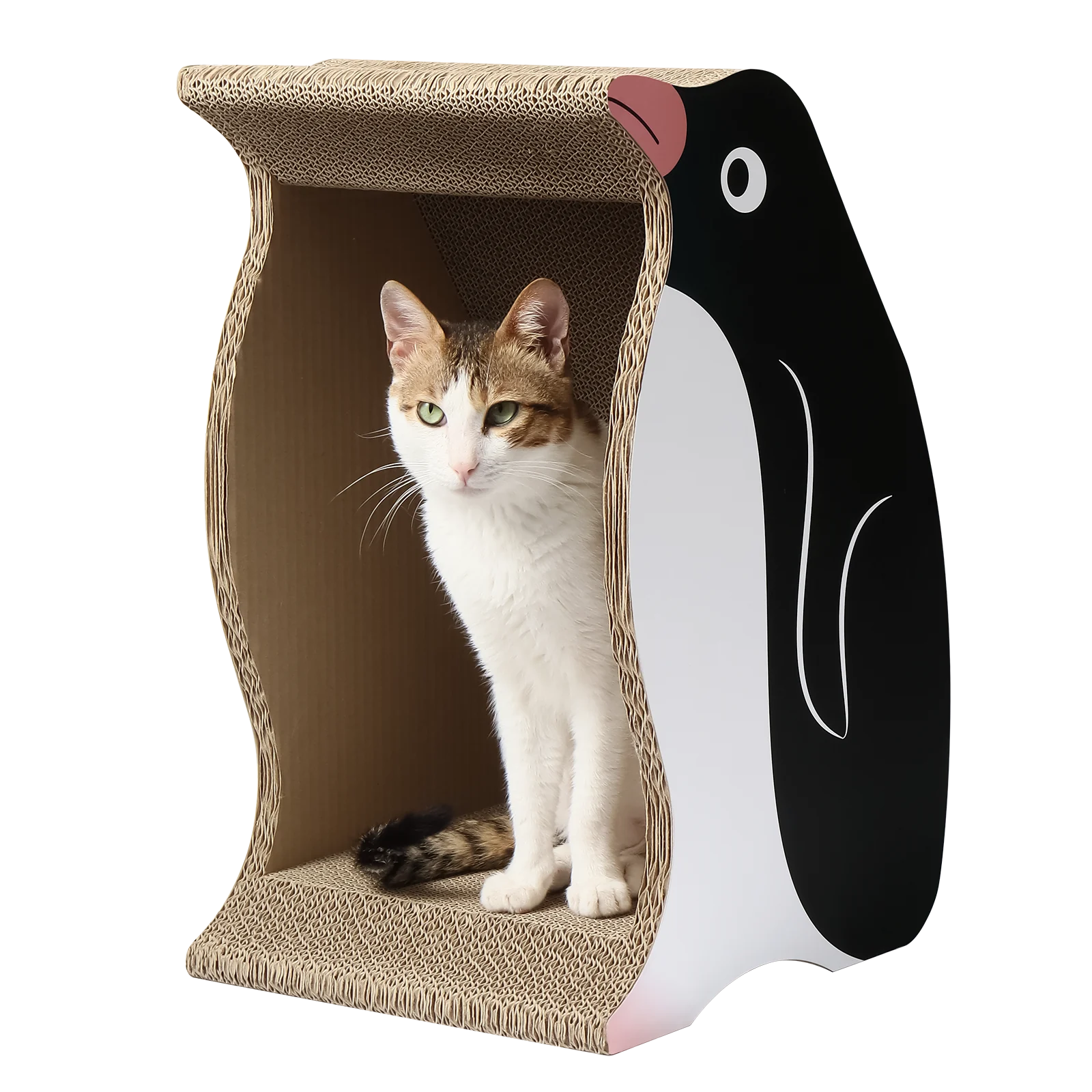 KN26 Penguin-Shaped Semi-Enclosed Corrugated Cardboard Cat Bed and Scratcher