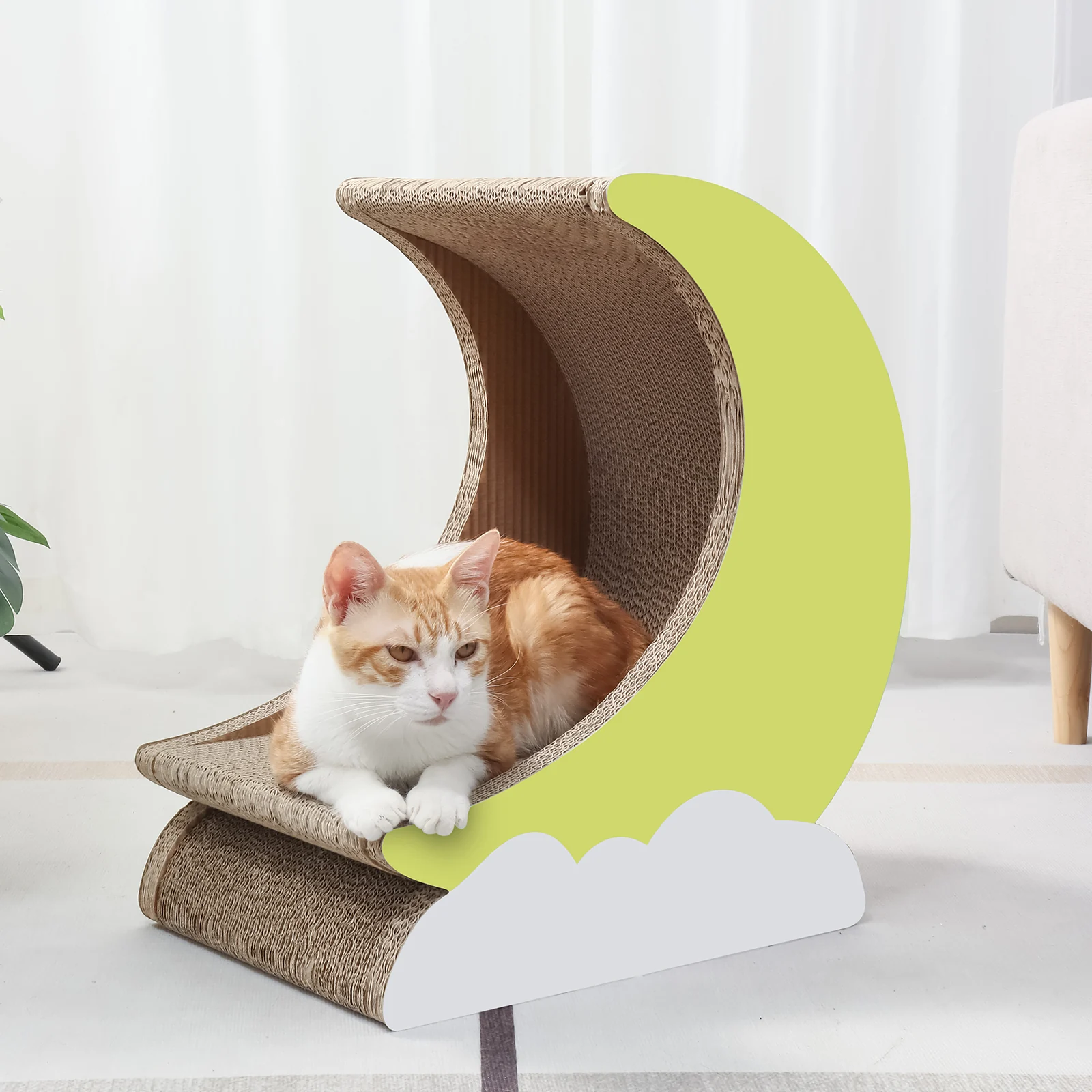KN28 Moon-Shaped Corrugated Cardboard Cat Bed with Multi-Surface Scratcher
