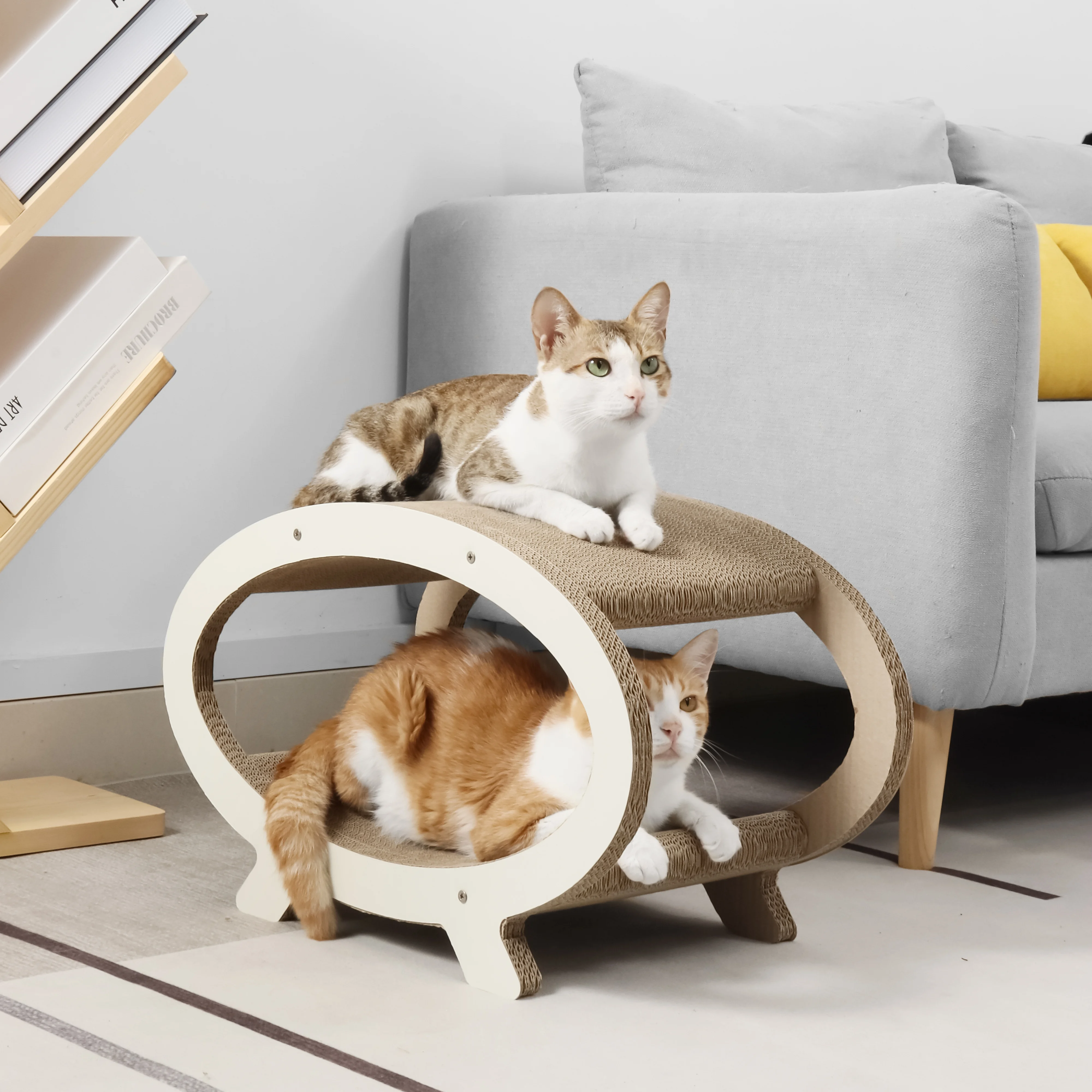 KN45 Foldable Oval Corrugated Cardboard Cat House with Two-Level Interactive Scratchers