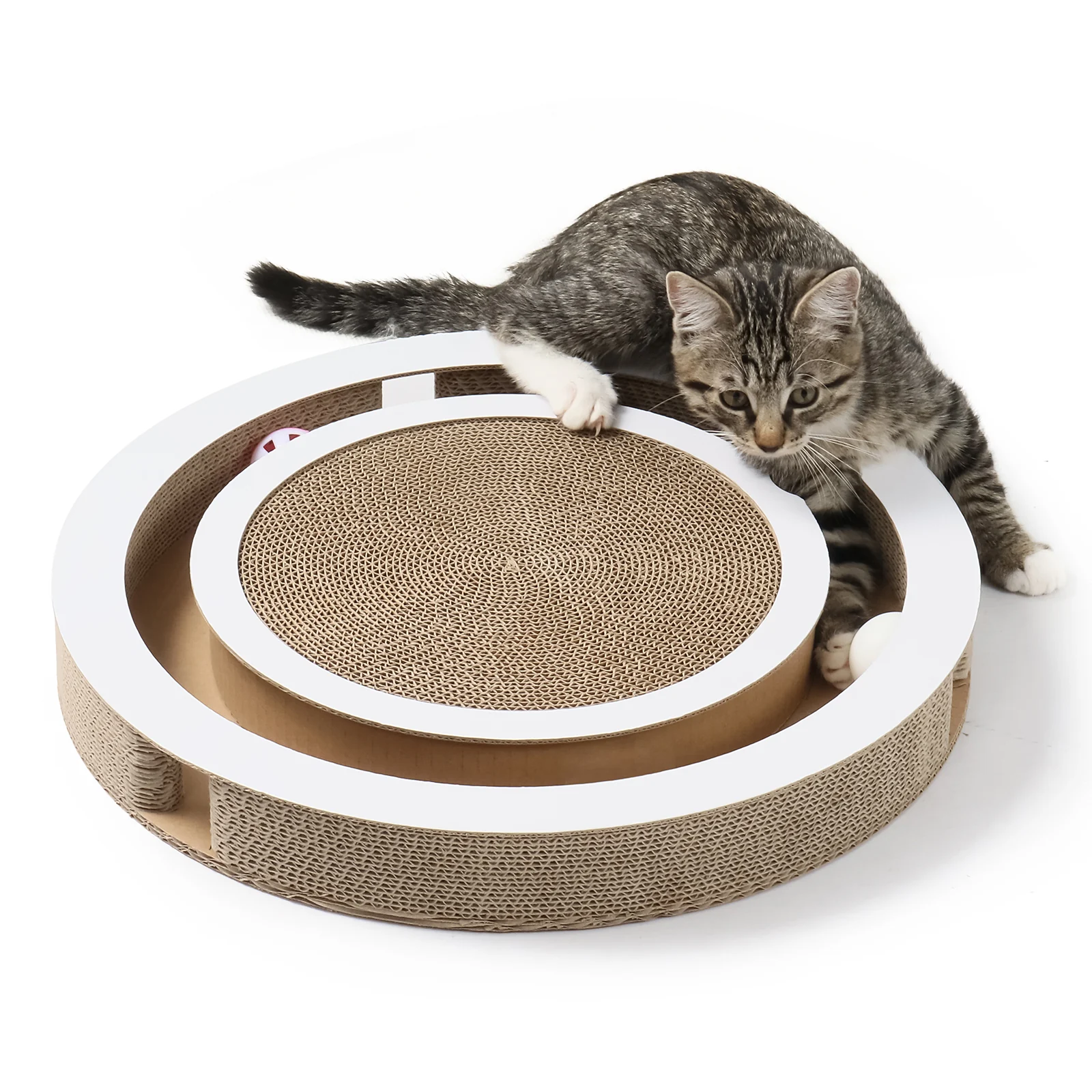 KT21 Round Corrugated Cardboard Cat Scratcher with Bell Ball