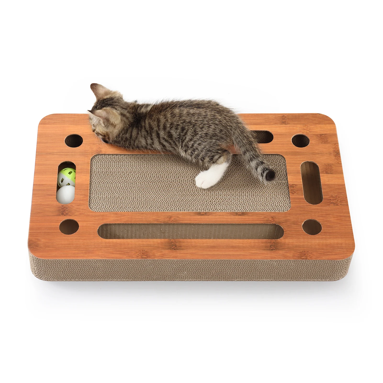 KT22 Square Corrugated Cardboard Cat Scratcher Board with Interactive Bell Ball Track