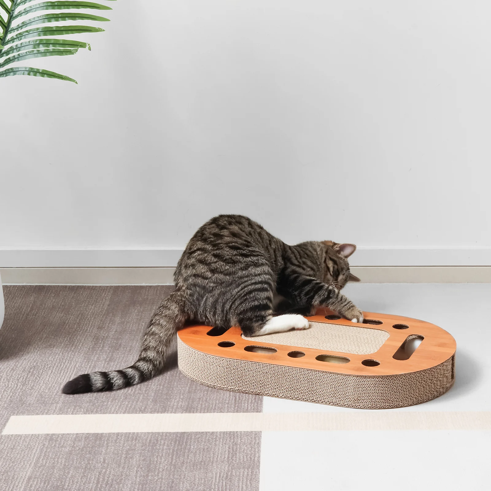 KT23 Oval Corrugated Cardboard Cat Scratcher with Interactive Bell Ball Track