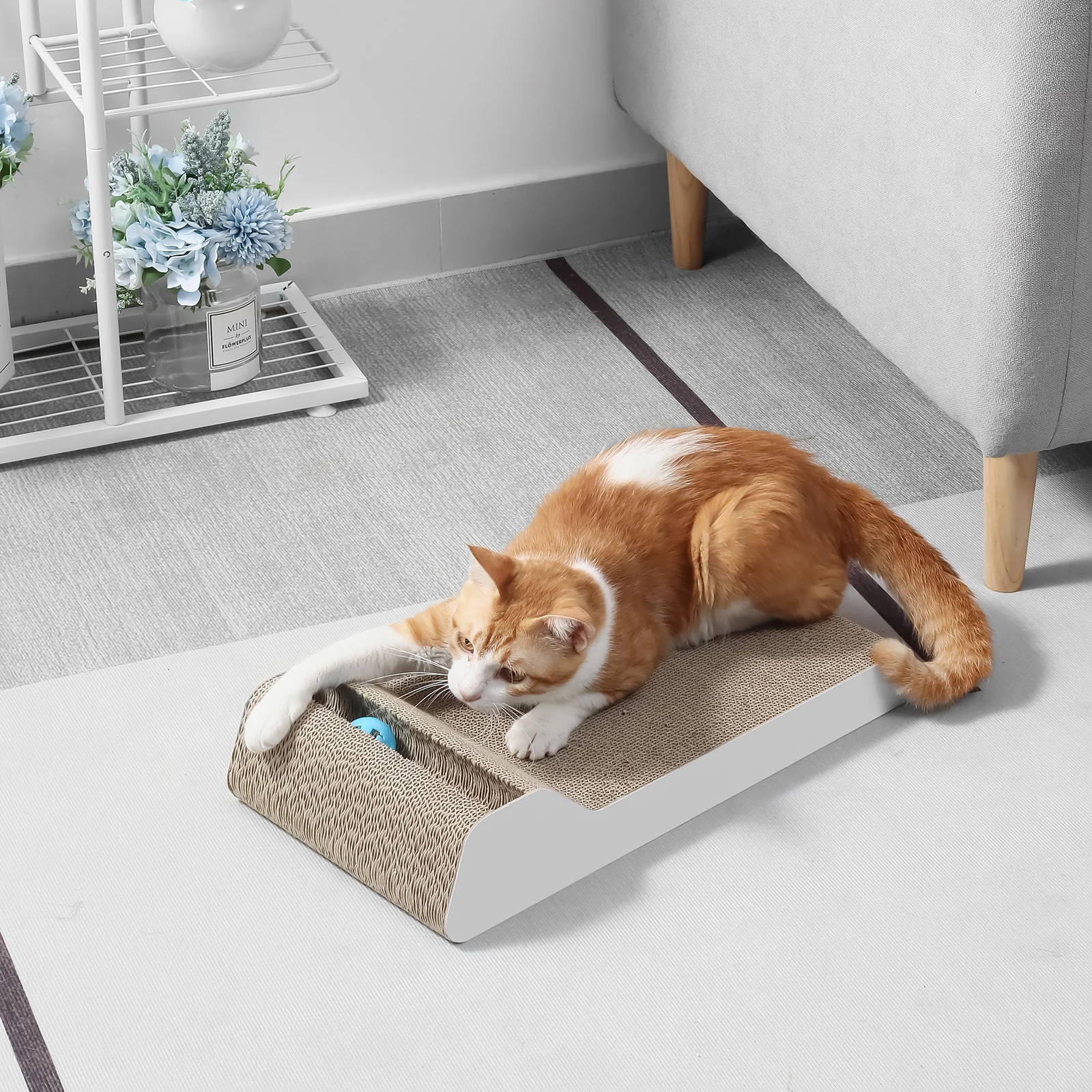 KT24 Multi-Surface Corrugated Cardboard Cat Scratcher Toy with Interactive Bell Ball