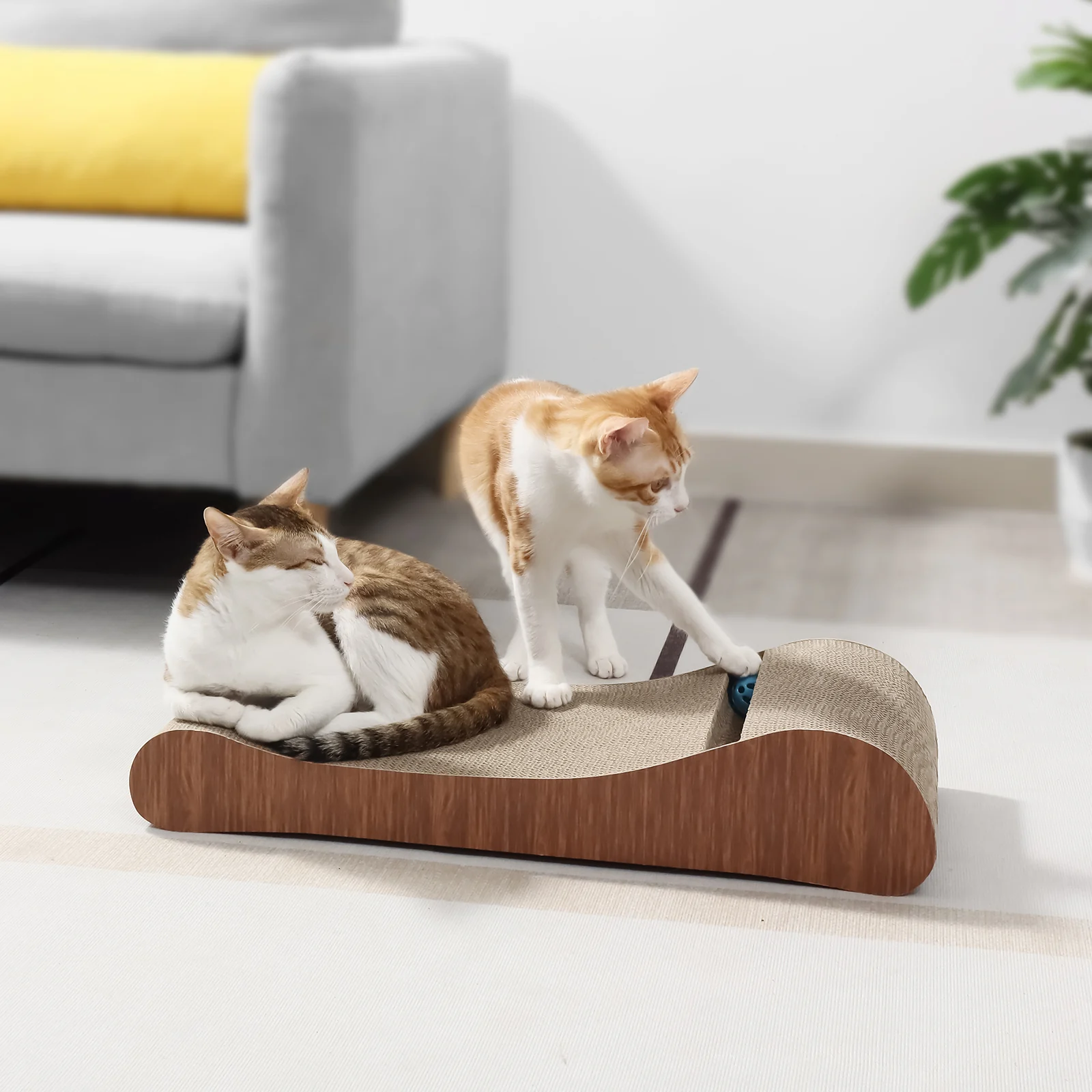 KT29 Bone-Shaped Corrugated Cardboard Cat Scratcher Bed with Interactive Bell Ball